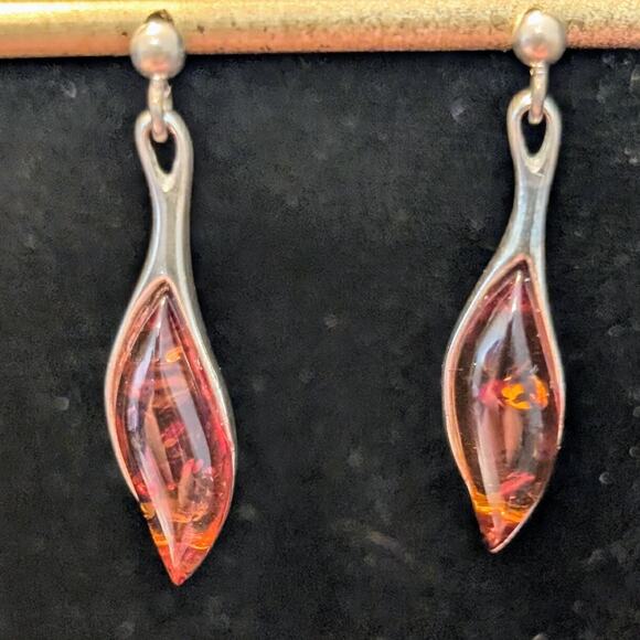 Vintage Marked 925 Sterling Silver Baltic Amber Post Dangle Earrings - Picture 1 of 8